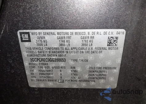 2016 Chevrolet Silverado 1Lt from USA, damaged, VIN 3GCPCREC9GG288653